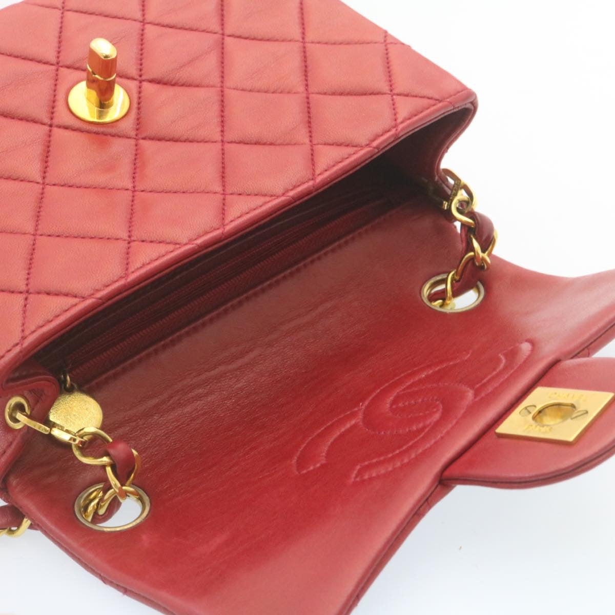 CHANEL Matelasse Chain Flap Shoulder Bag Lamb Skin Turn Lock Red CC 28661A