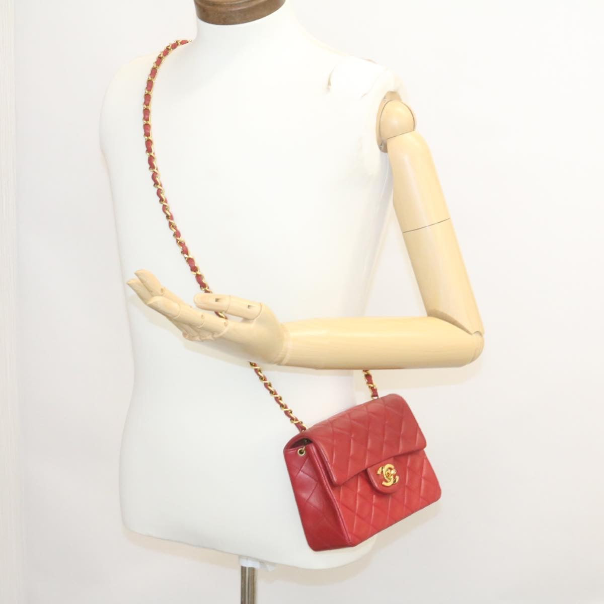CHANEL Matelasse Chain Flap Shoulder Bag Lamb Skin Turn Lock Red CC 28661A