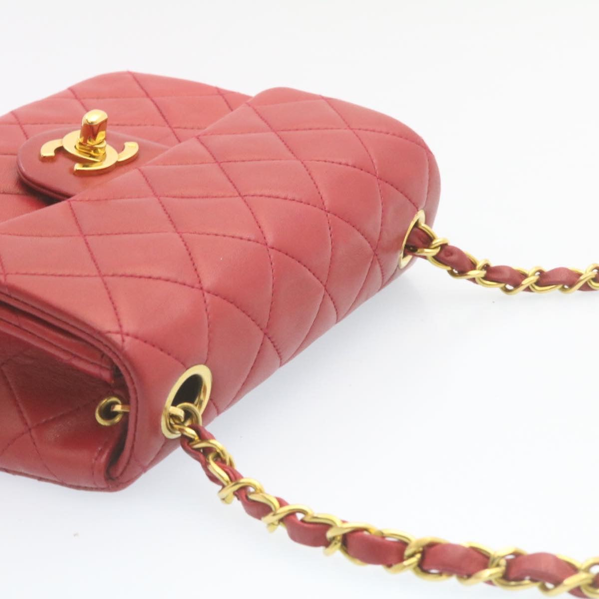CHANEL Matelasse Chain Flap Shoulder Bag Lamb Skin Turn Lock Red CC 28661A