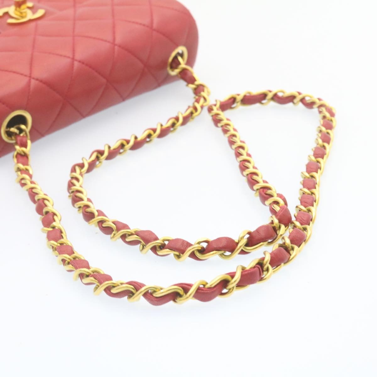 CHANEL Matelasse Chain Flap Shoulder Bag Lamb Skin Turn Lock Red CC 28661A
