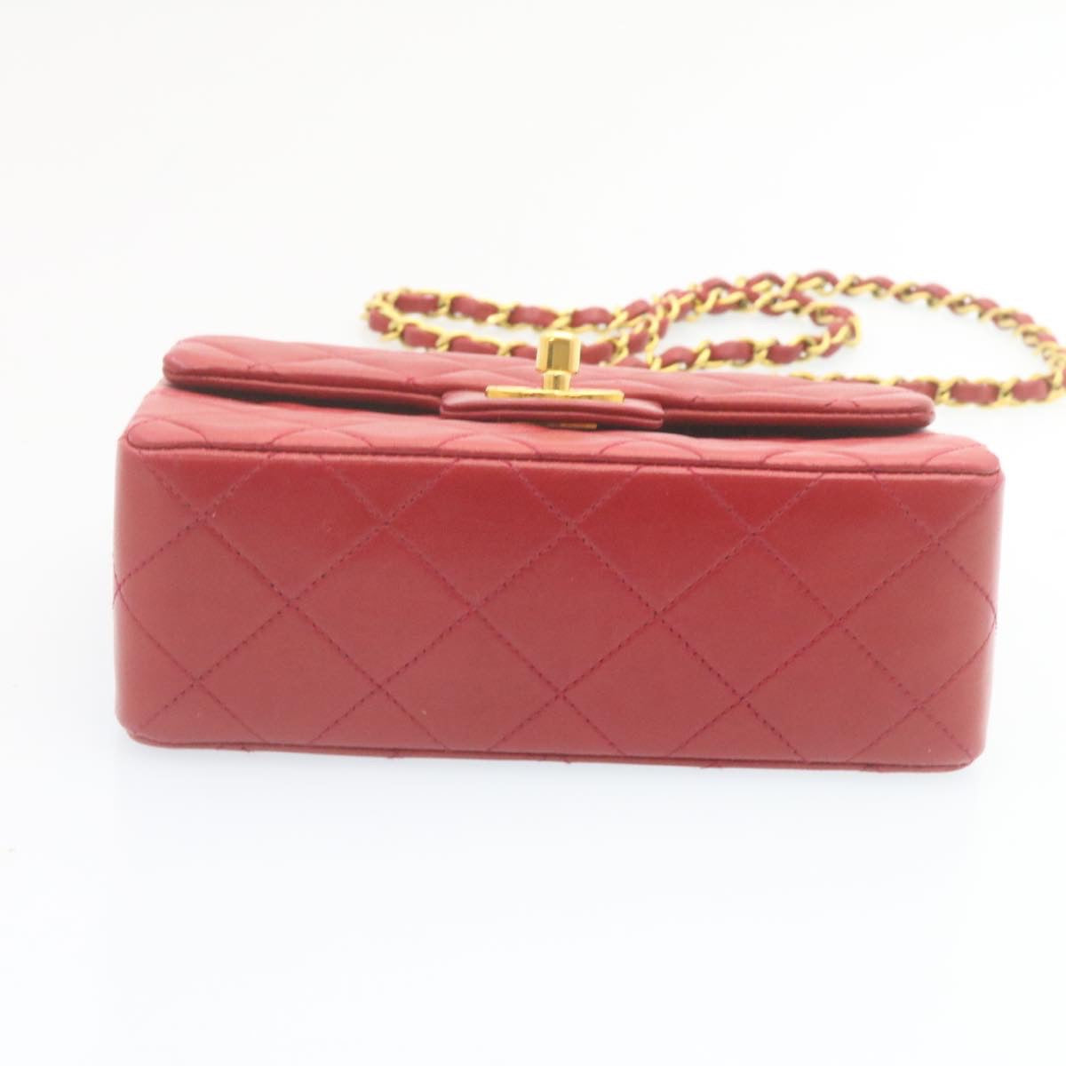 CHANEL Matelasse Chain Flap Shoulder Bag Lamb Skin Turn Lock Red CC 28661A