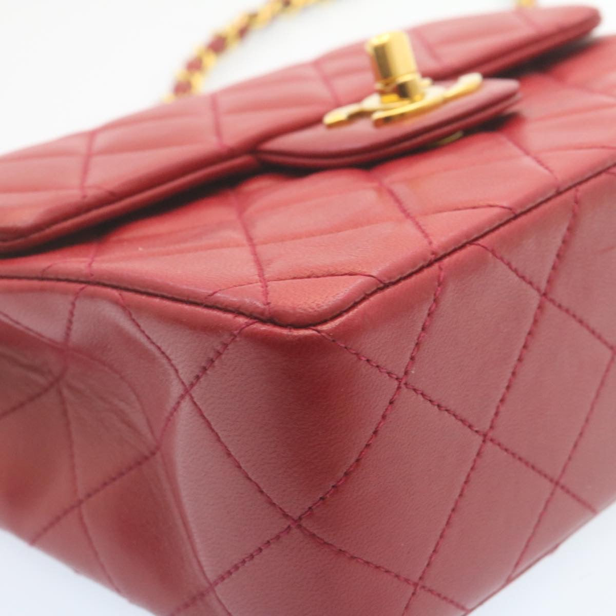 CHANEL Matelasse Chain Flap Shoulder Bag Lamb Skin Turn Lock Red CC 28661A