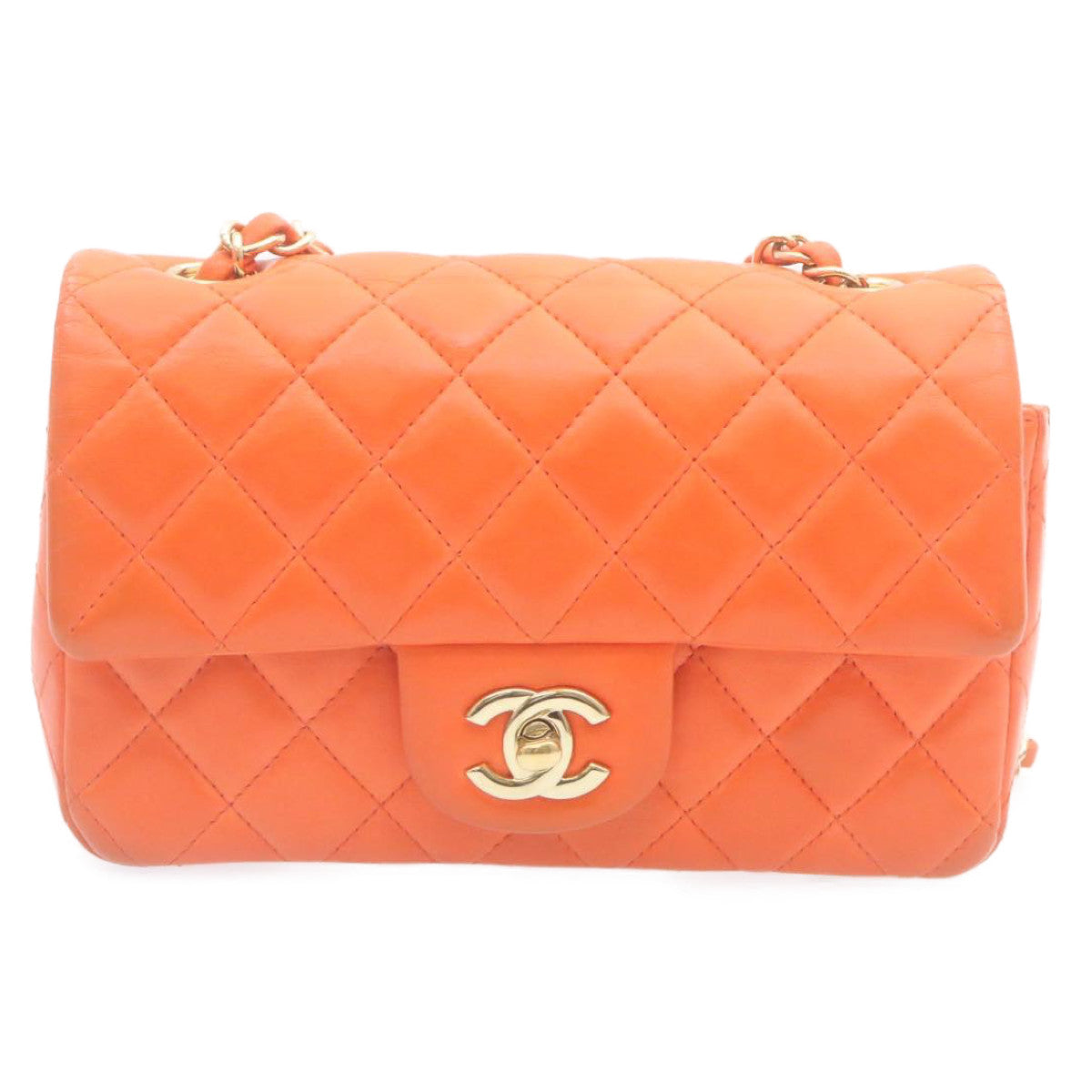 CHANEL Matelasse Mini Chain Flap Classic Shoulder Bag Lamb Skin Orange CC 29106A