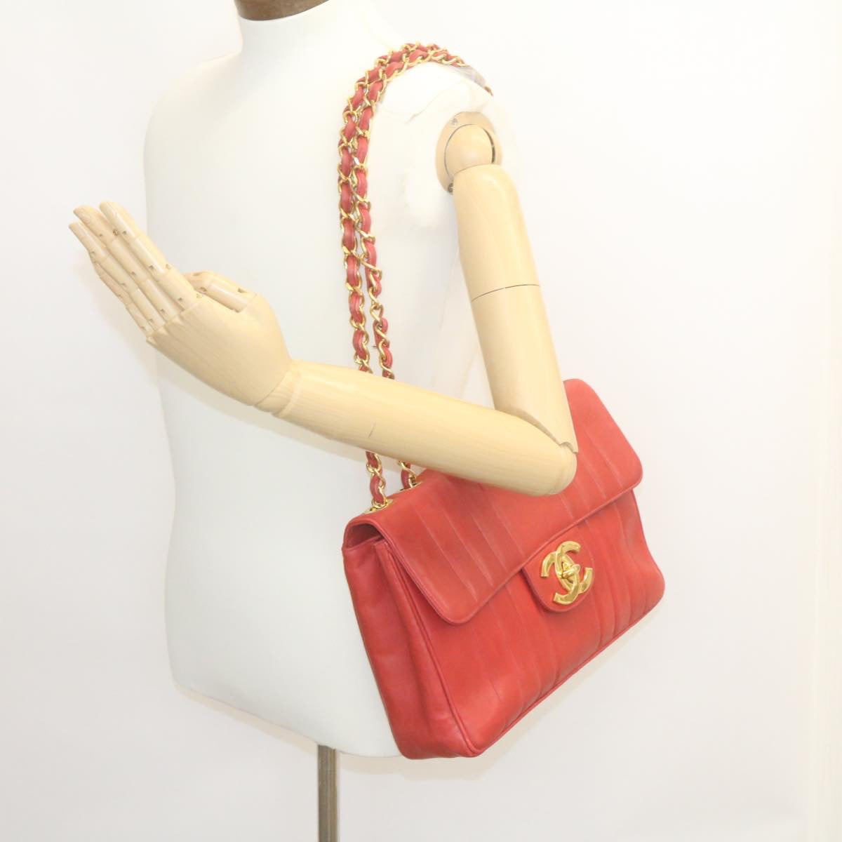 CHANEL Mademoiselle Big Coco Double Chain Shoulder Bag Lamb Skin Red 29129A
