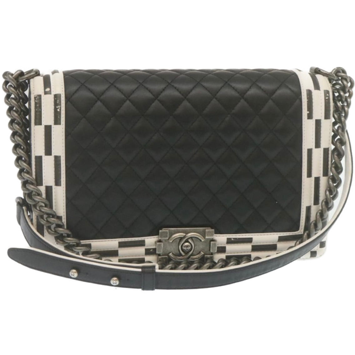 CHANEL Matelasse Boy Chanel Chain Shoulder Bag Lamb Skin Black CC 29190A