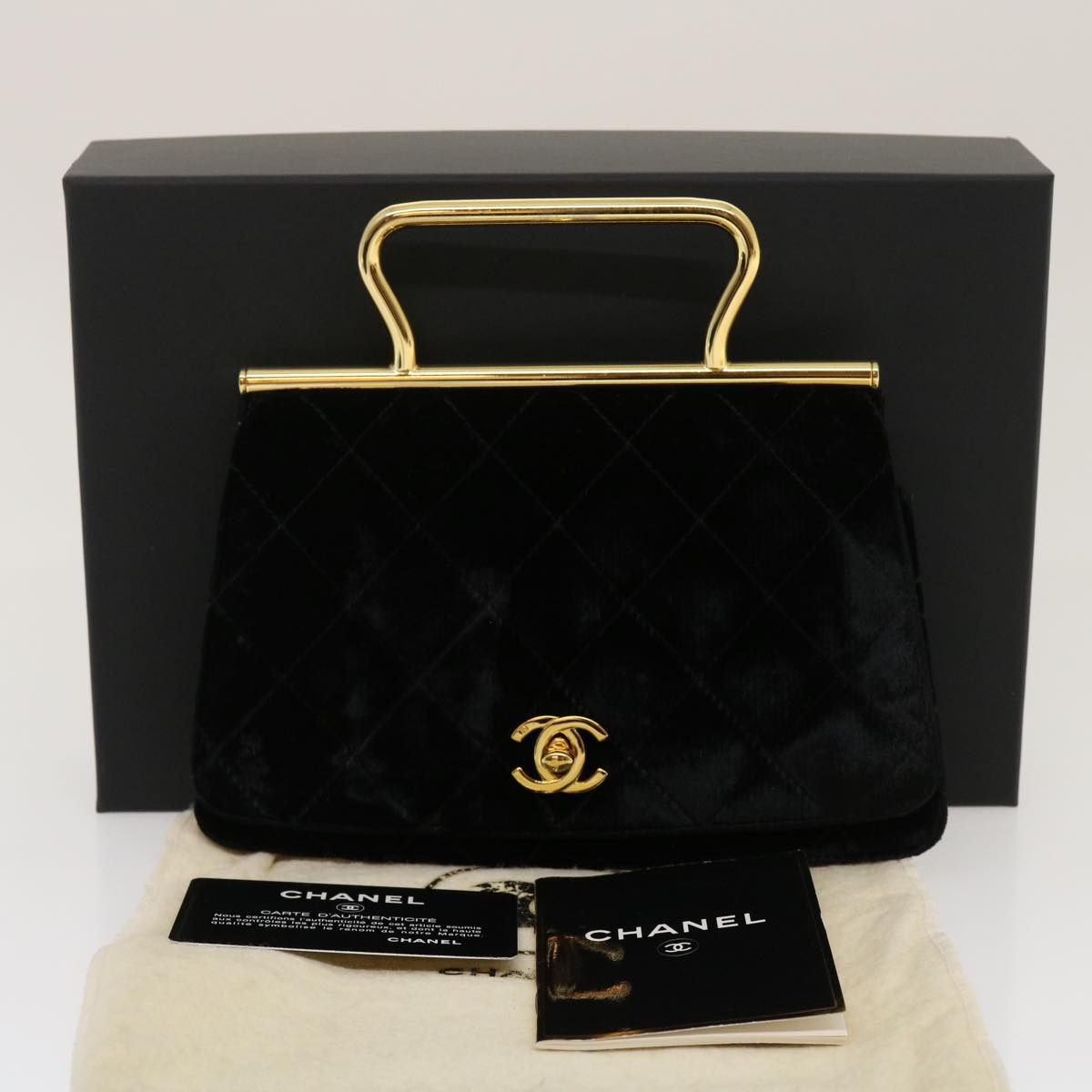 CHANEL Turn Lock Flap Matelasse Hand Bag velvet Black Gold CC 29565A