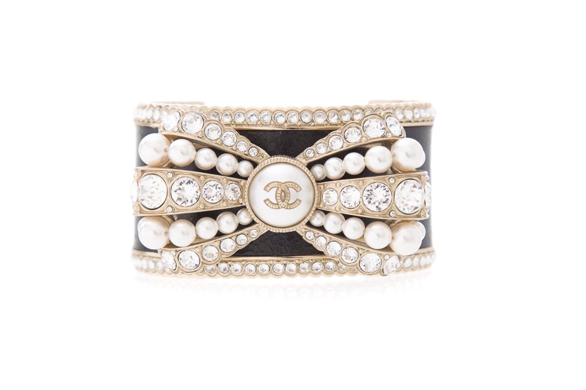Chanel Black Rhinestone & Pearl Bow Cuff Bracelet