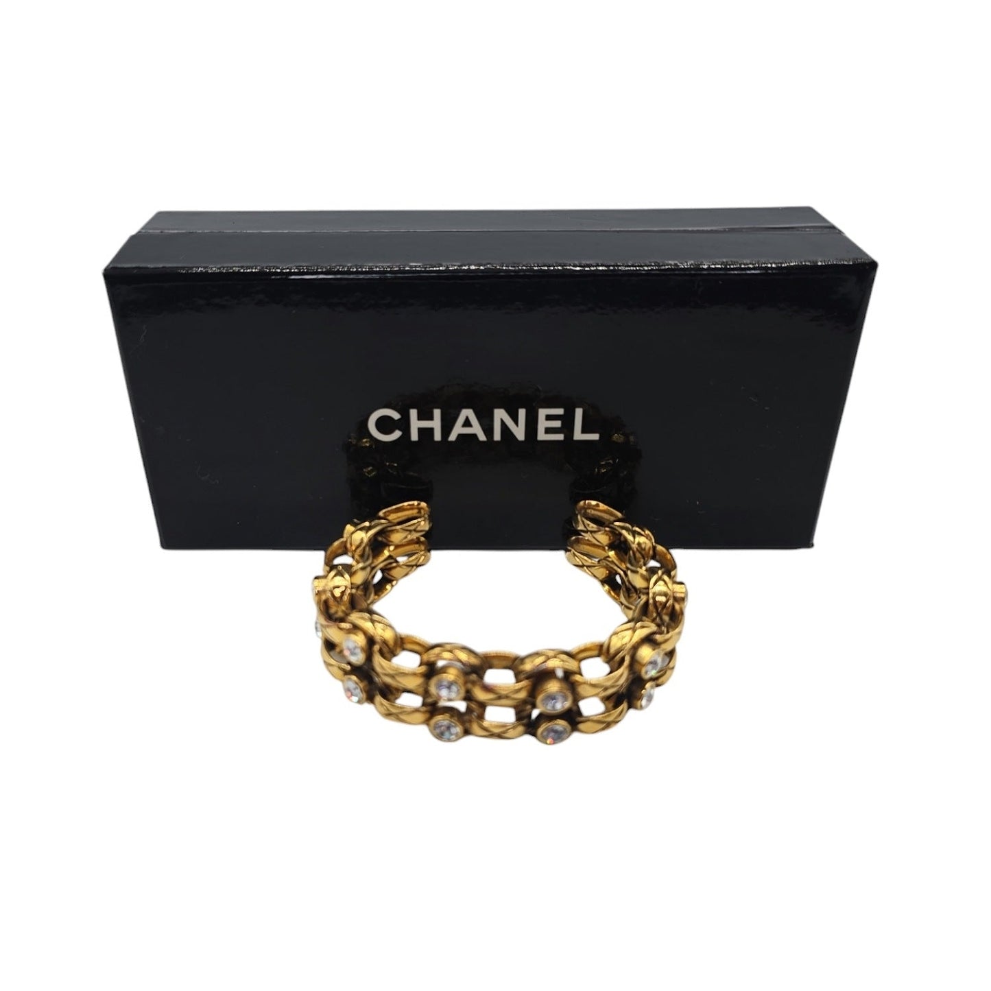 CHANEL Vintage Strass Quilted Chain Link Cuff Bracelet