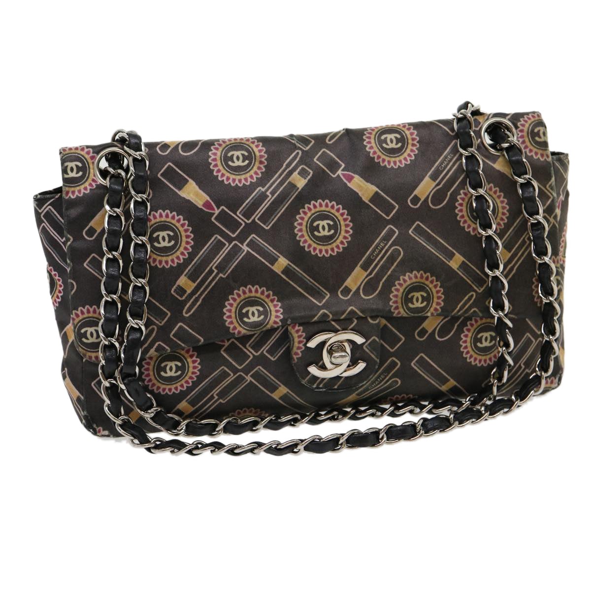 CHANEL Lip Chain Turn Lock Shoulder Bag Satin Black CC 30892