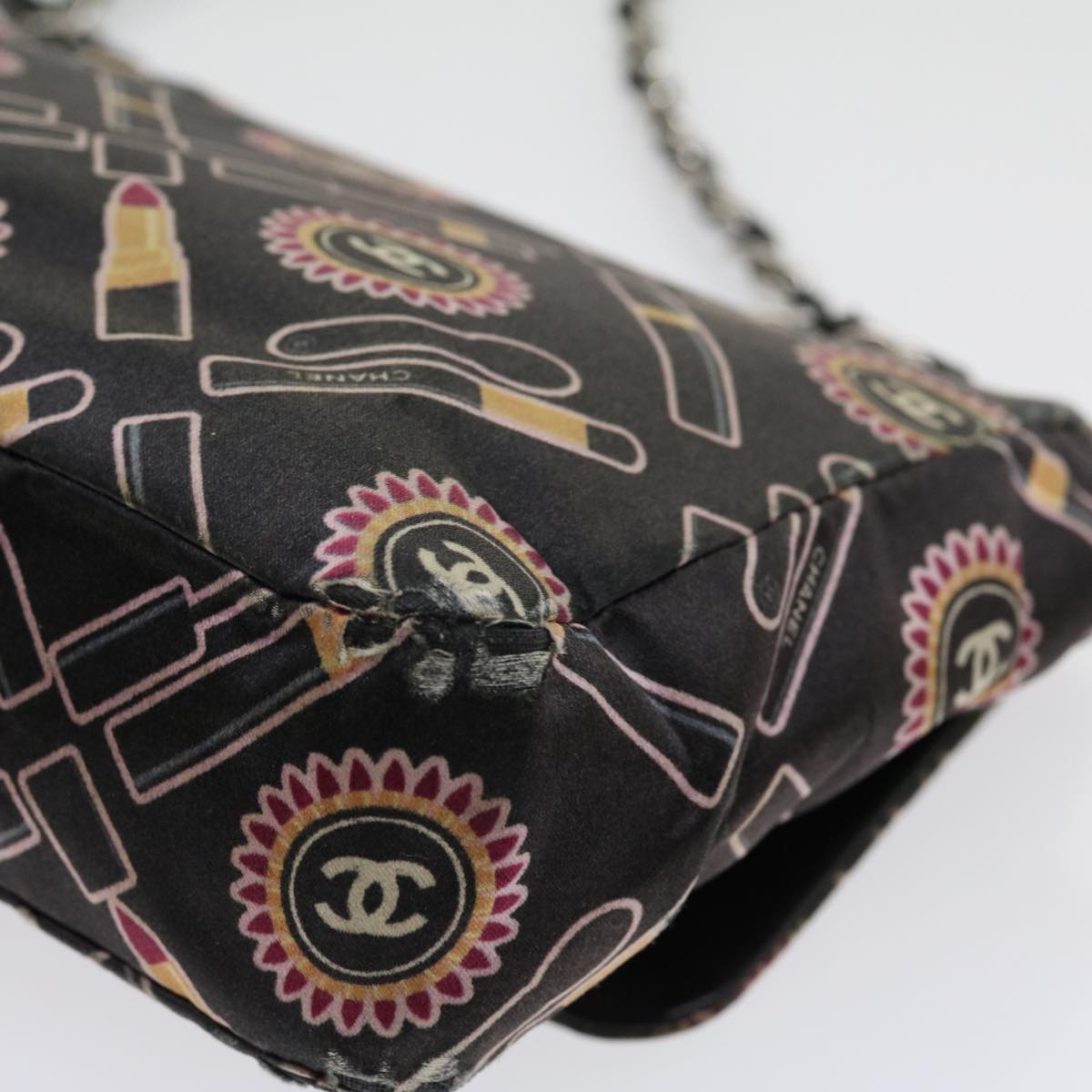 CHANEL Lip Chain Turn Lock Shoulder Bag Satin Black CC 30892