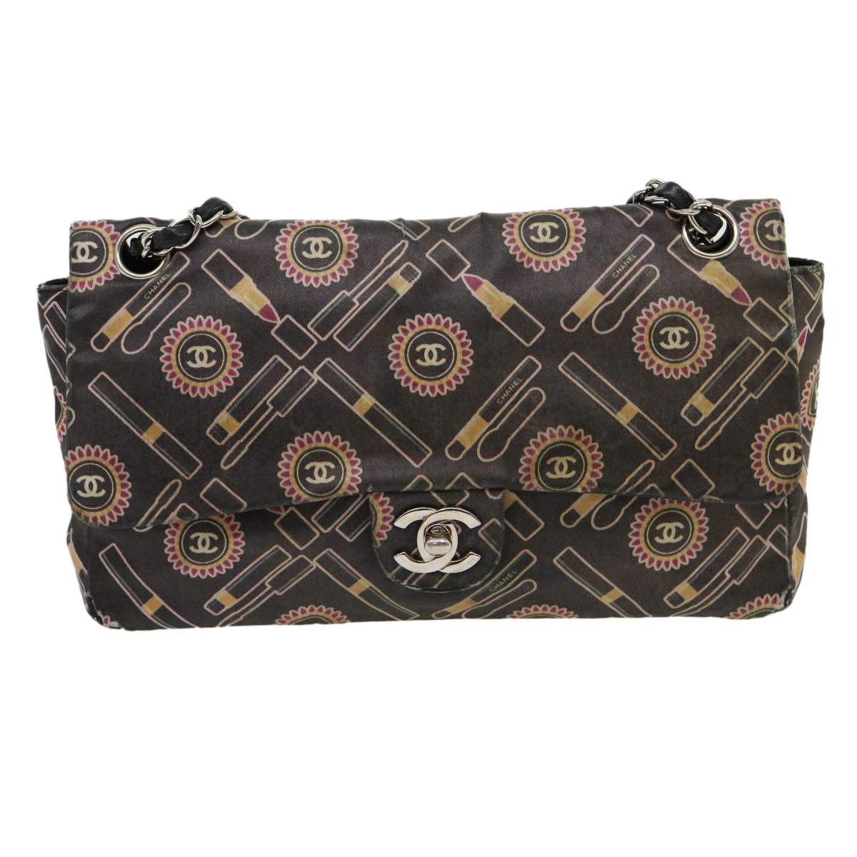 CHANEL Lip Chain Turn Lock Shoulder Bag Satin Black CC 30892