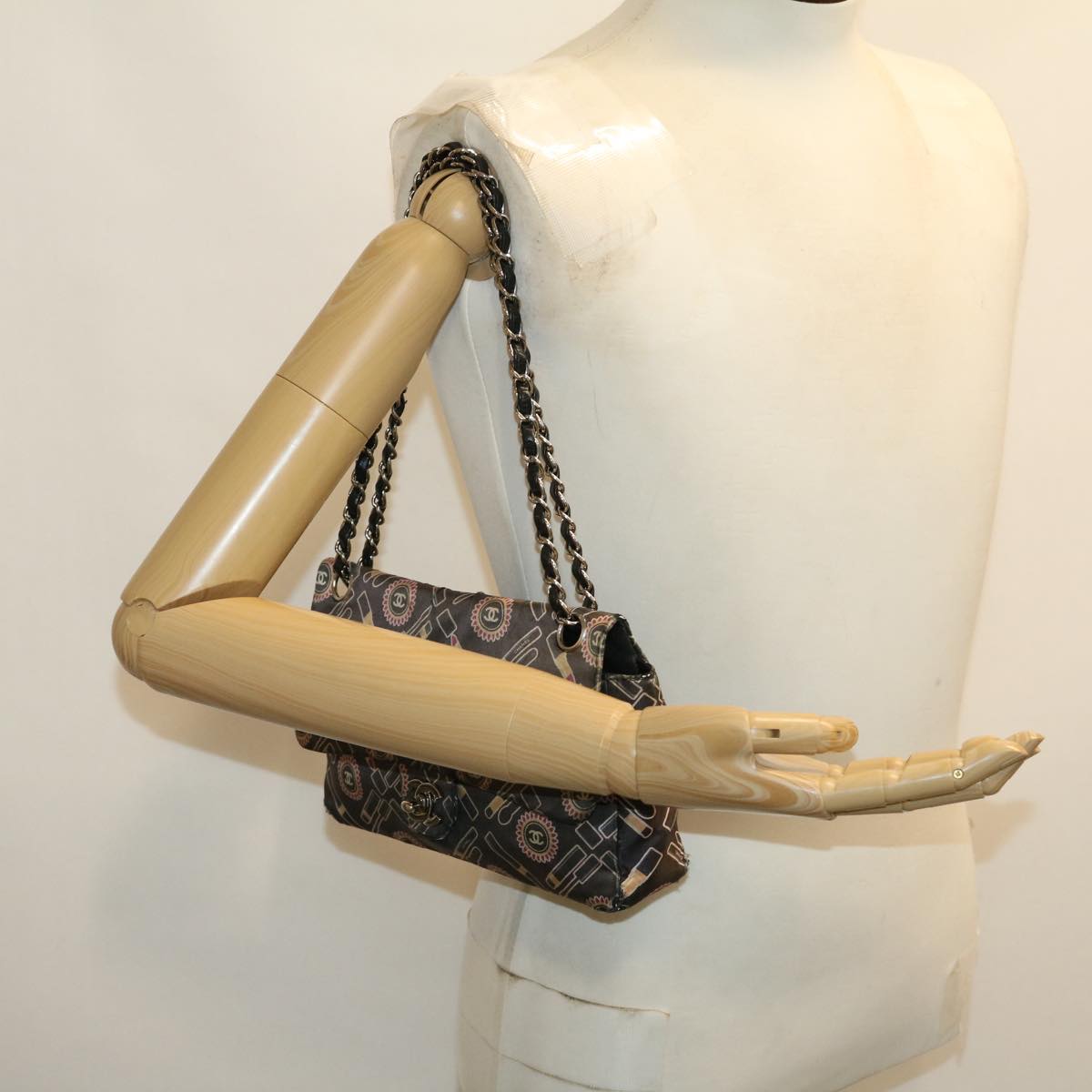 CHANEL Lip Chain Turn Lock Shoulder Bag Satin Black CC 30892