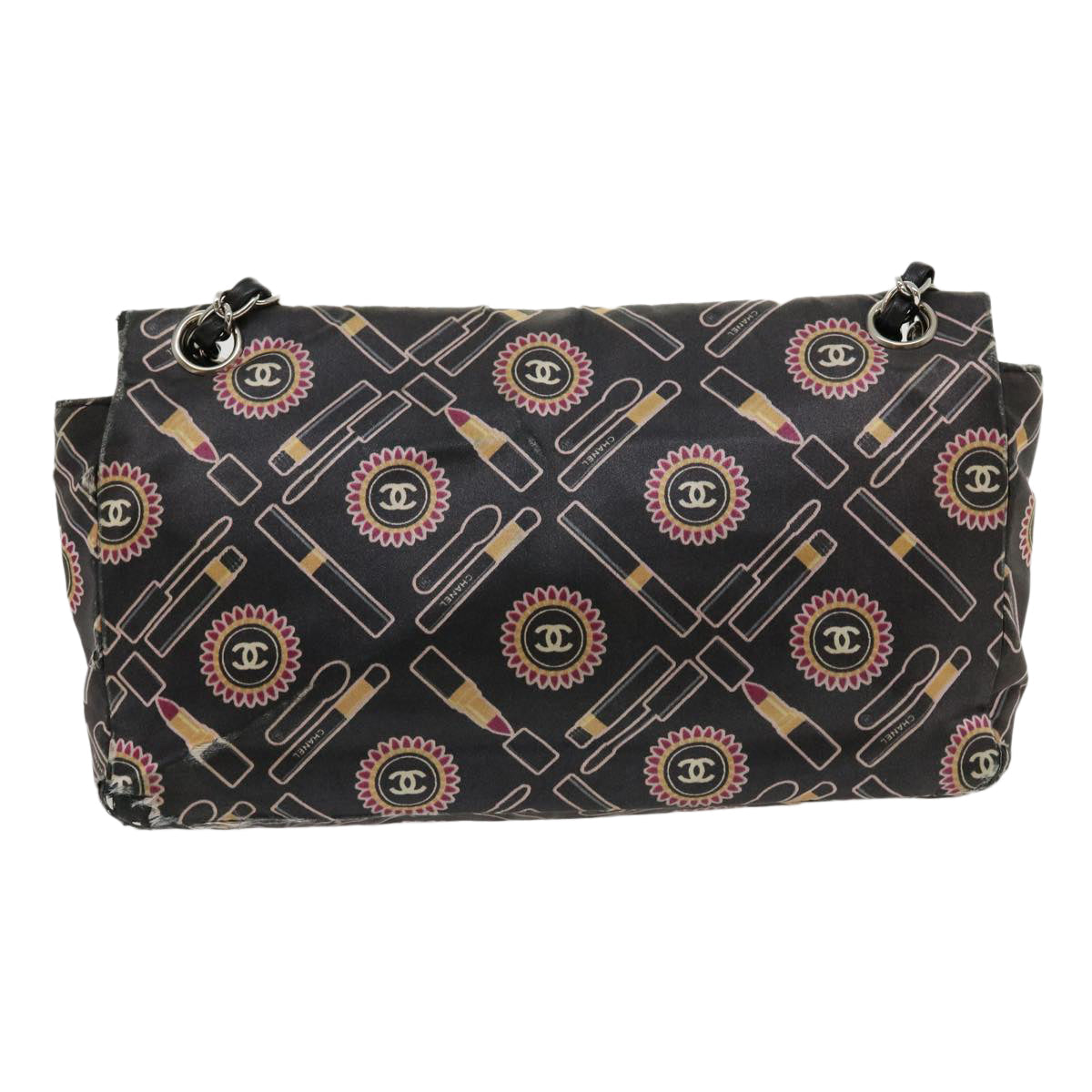 CHANEL Lip Chain Turn Lock Shoulder Bag Satin Black CC 30892