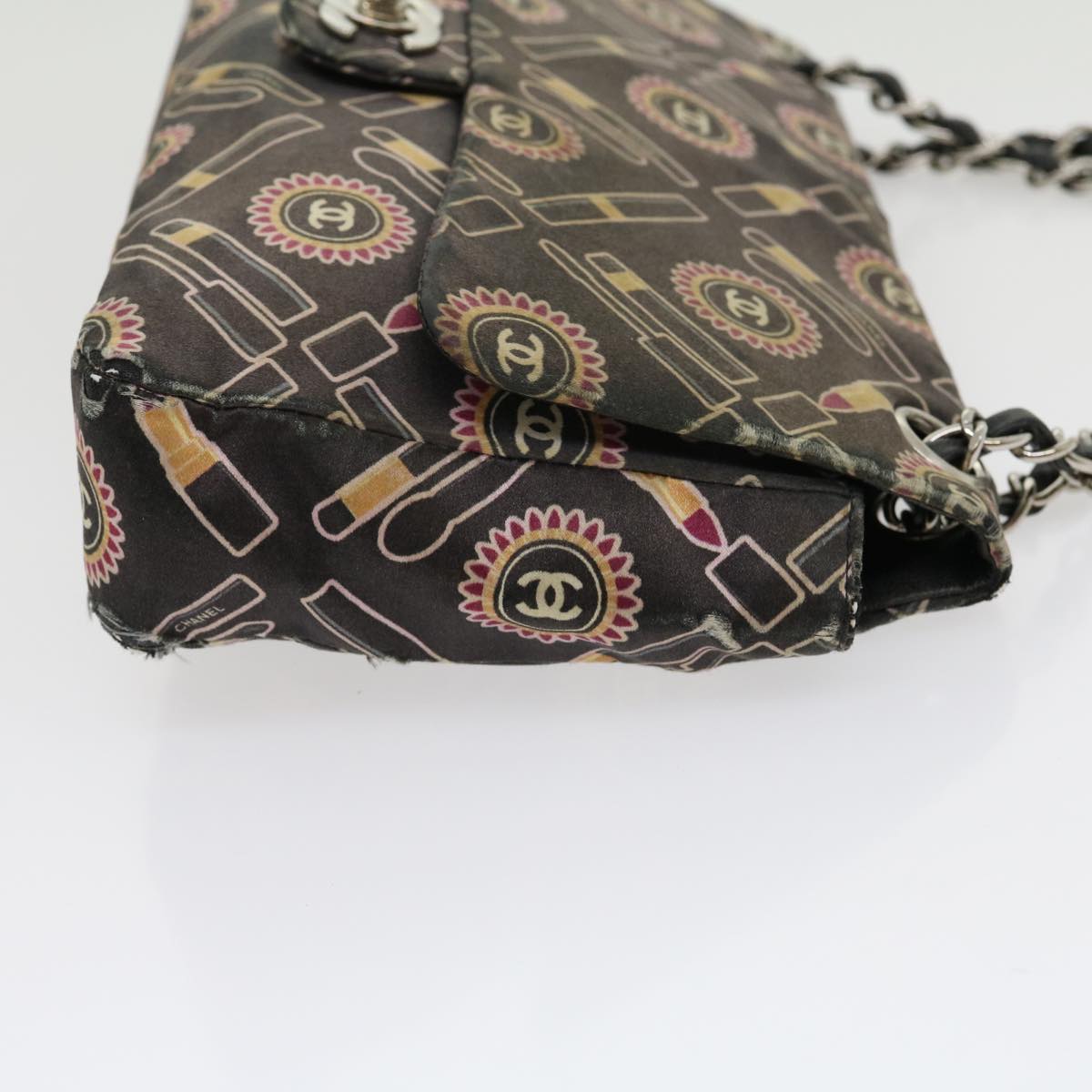 CHANEL Lip Chain Turn Lock Shoulder Bag Satin Black CC 30892