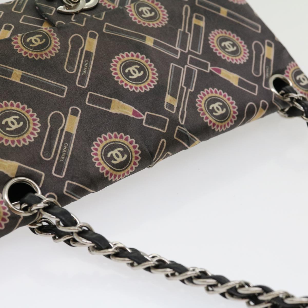 CHANEL Lip Chain Turn Lock Shoulder Bag Satin Black CC 30892