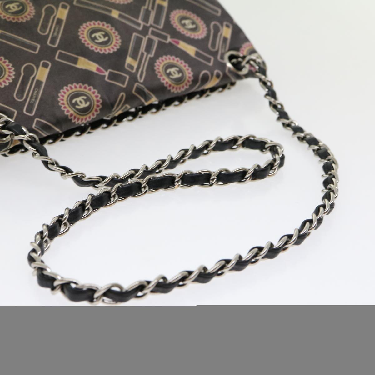 CHANEL Lip Chain Turn Lock Shoulder Bag Satin Black CC 30892