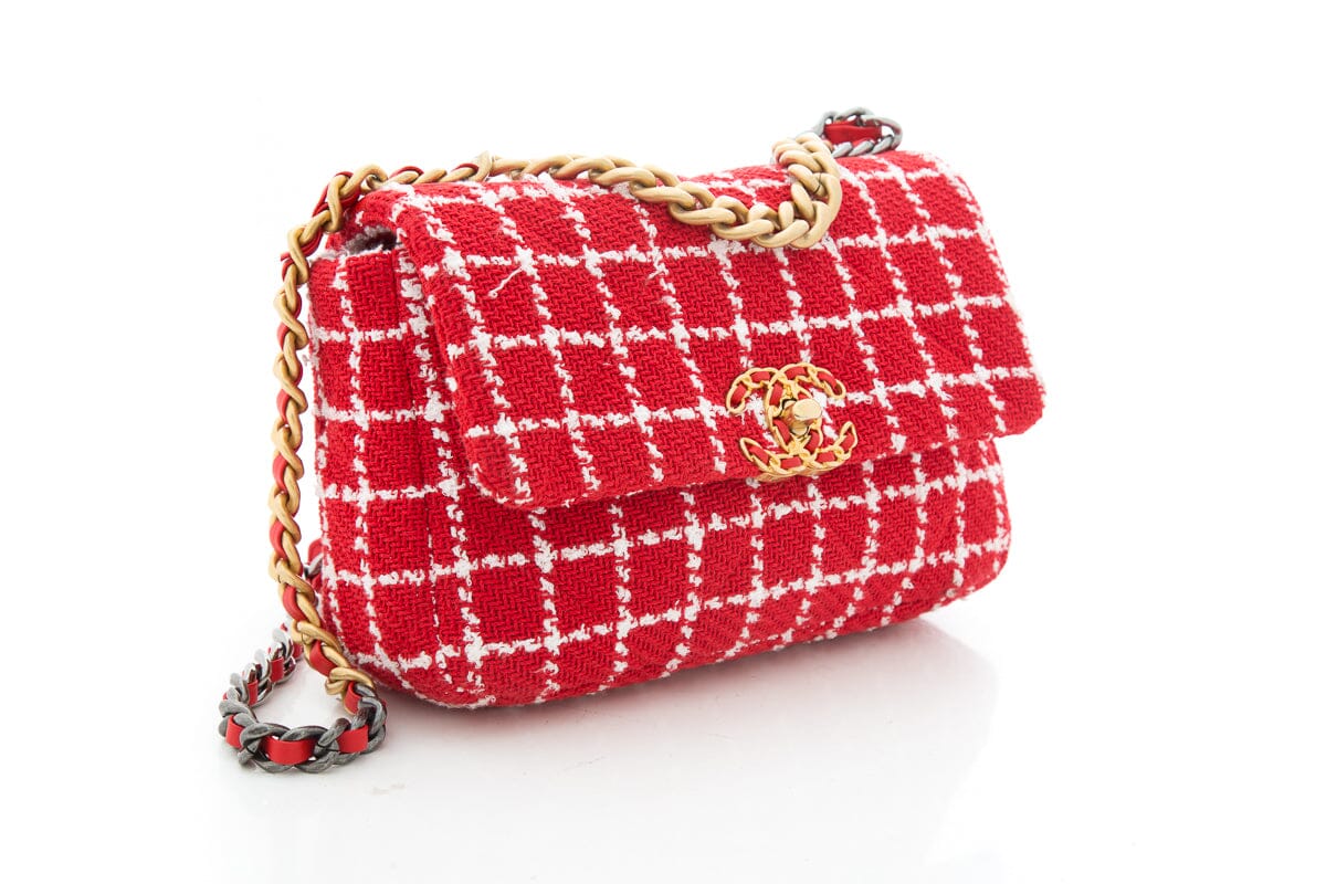 Chanel Tweed Quilted Flap Red & White Handbag
