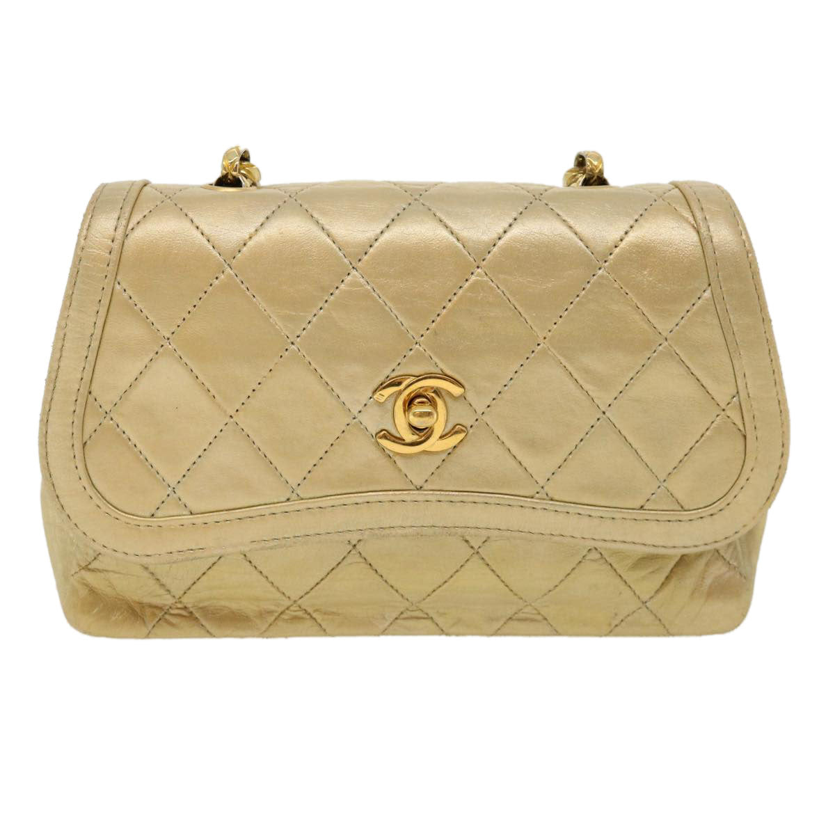 CHANEL Matelasse Turn Lock Chain Shoulder Bag Lamb Skin Gold CC 31382A