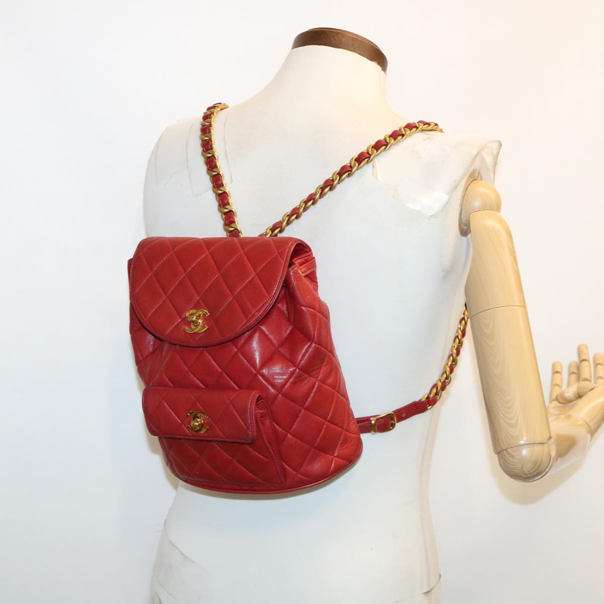 CHANEL Matelasse Chain Hand Bag Lamb Skin Red CC 31892A
