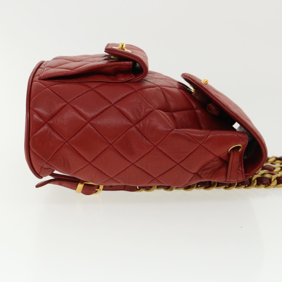 CHANEL Matelasse Chain Hand Bag Lamb Skin Red CC 31892A