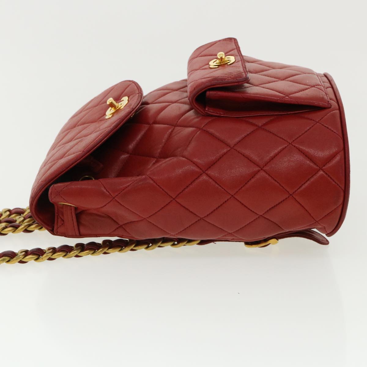 CHANEL Matelasse Chain Hand Bag Lamb Skin Red CC 31892A