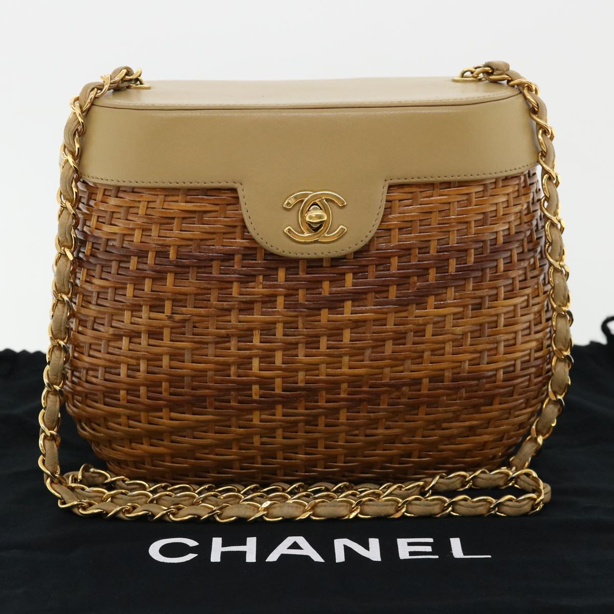 CHANEL Basket Chain Shoulder Bag Leather rattan Brown CC 31896S