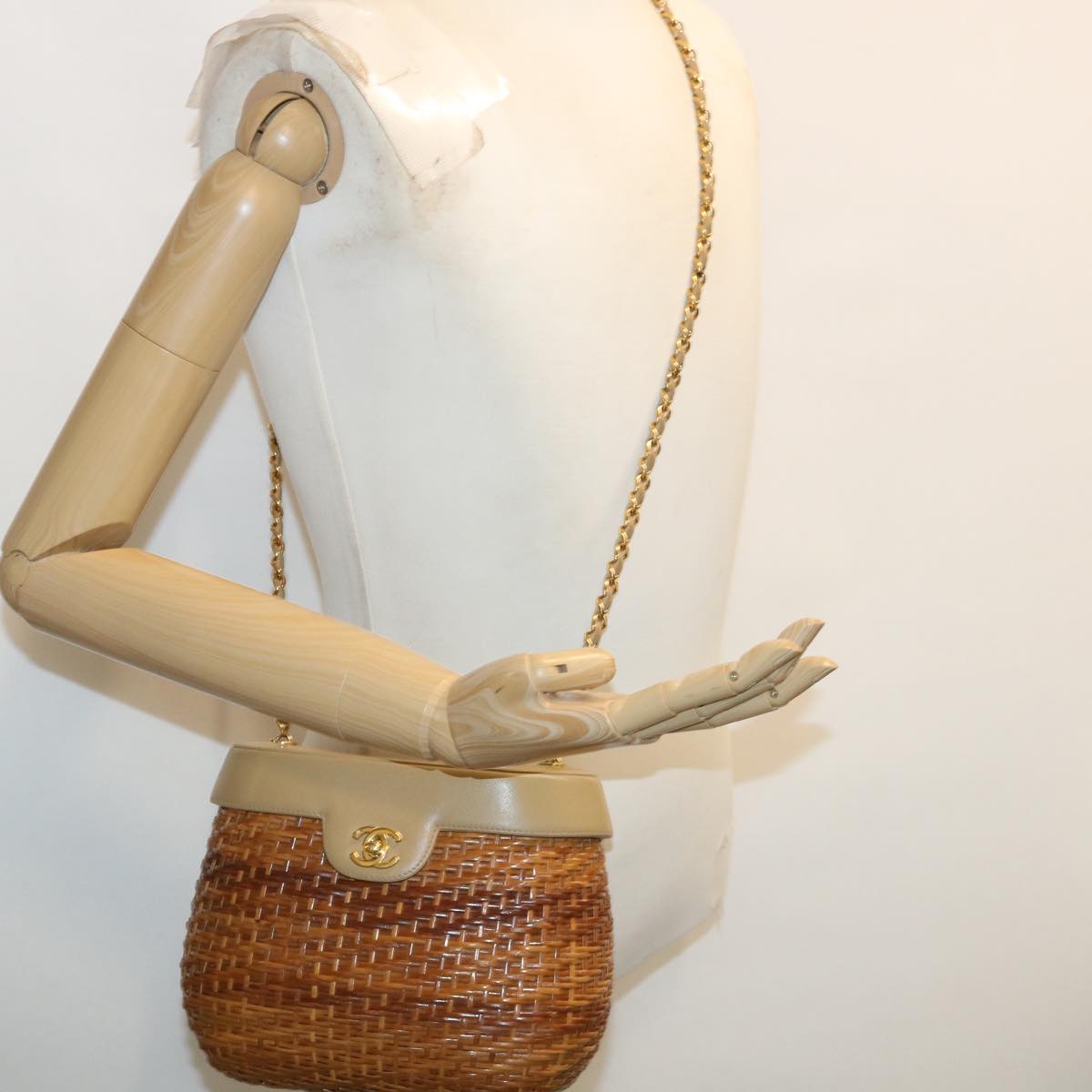 CHANEL Basket Chain Shoulder Bag Leather rattan Brown CC 31896S