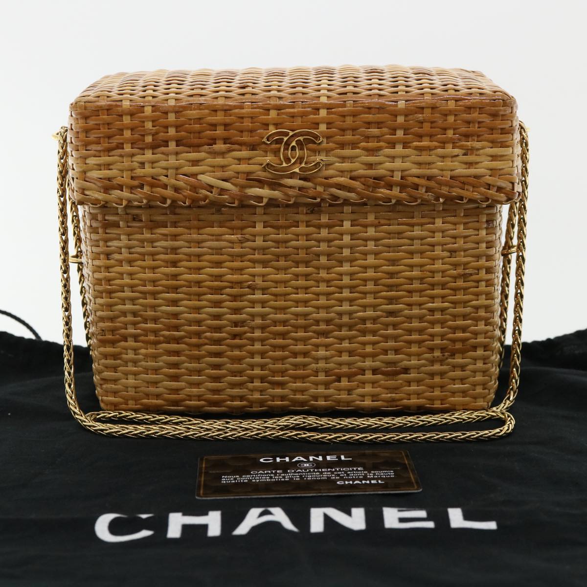 CHANEL Basket Chain Shoulder Bag Leather rattan Beige CC 31932A