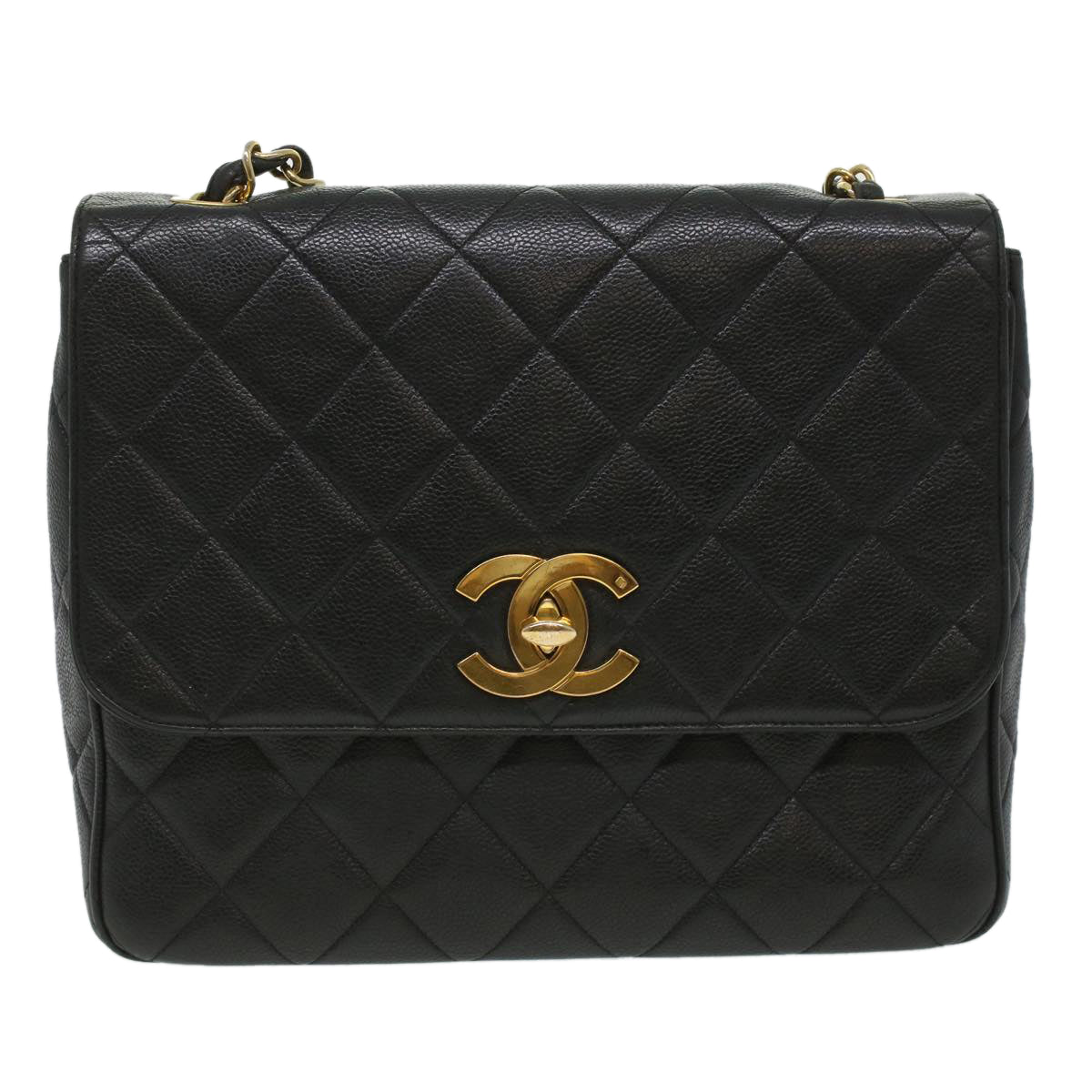 CHANEL Big Matelasse Turn Lock Shoulder Bag Caviar Skin Black CC 32155A