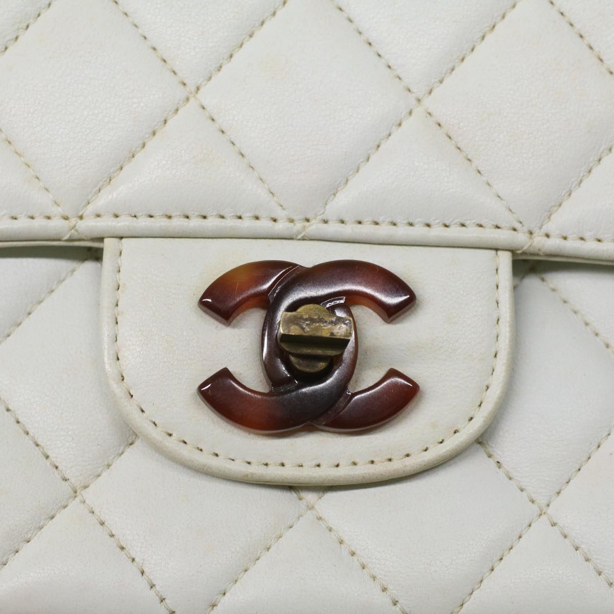 CHANEL Matelasse Turn Lock Shoulder Bag Lamb Skin Brown White CC 32160A