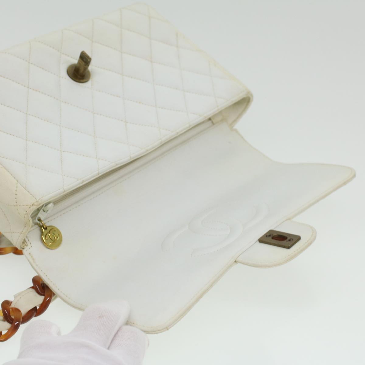 CHANEL Matelasse Turn Lock Shoulder Bag Lamb Skin Brown White CC 32160A