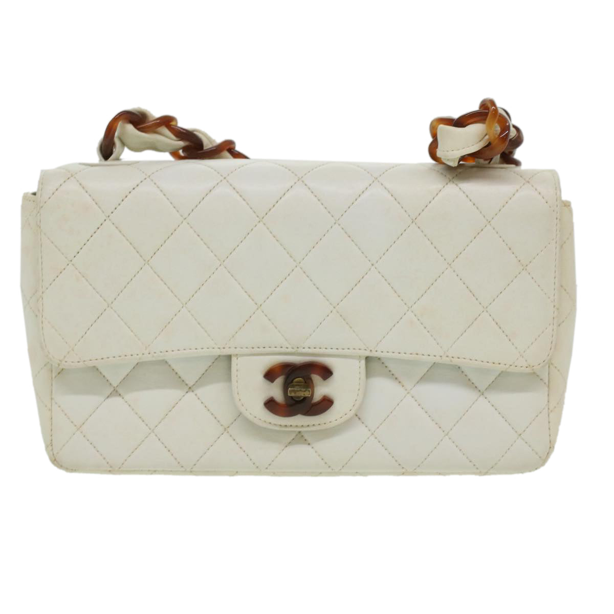 CHANEL Matelasse Turn Lock Shoulder Bag Lamb Skin Brown White CC 32160A