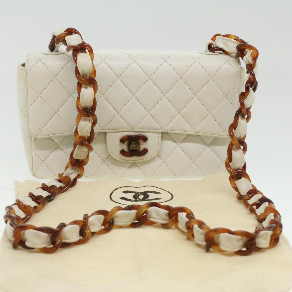 CHANEL Matelasse Turn Lock Shoulder Bag Lamb Skin Brown White CC 32160A