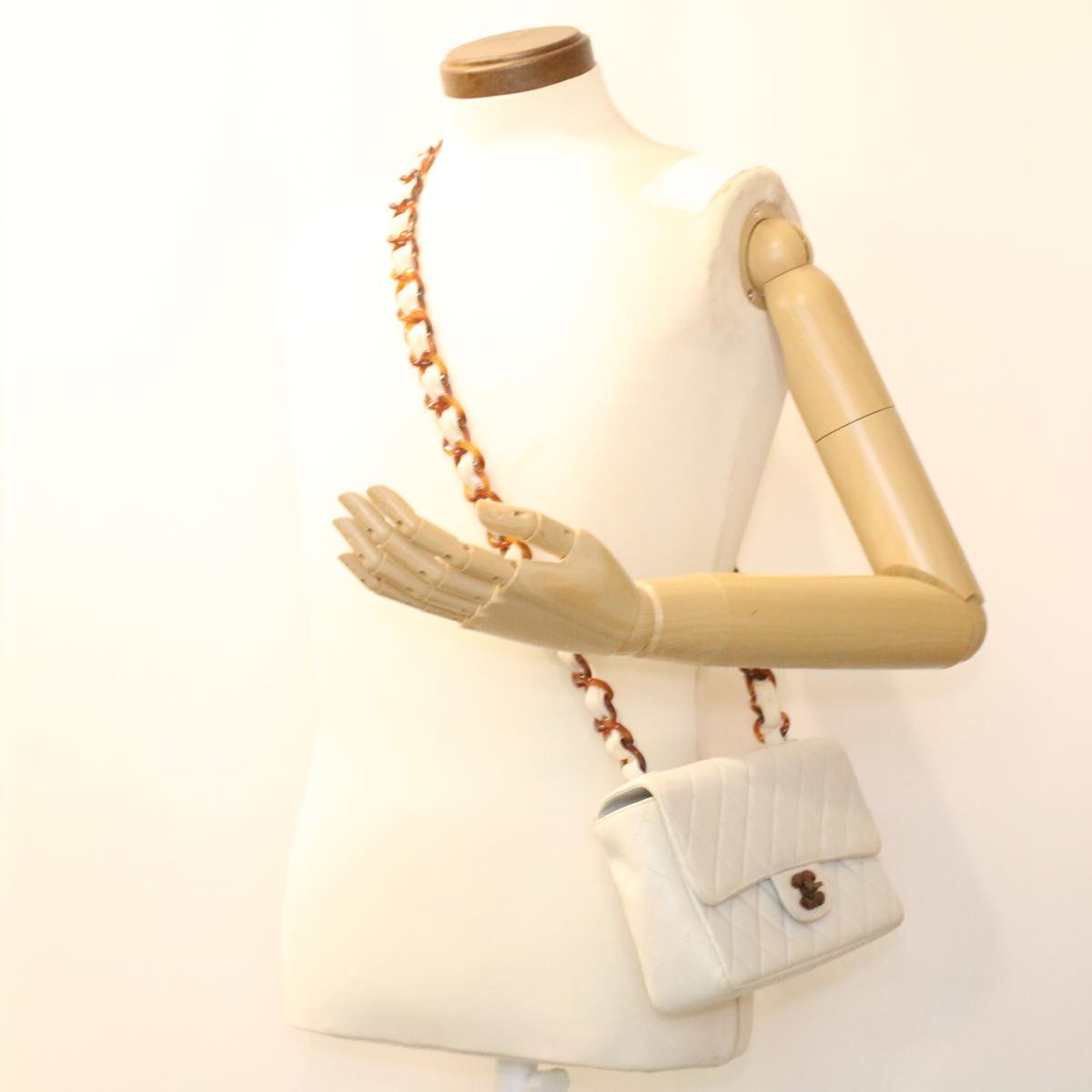 CHANEL Matelasse Turn Lock Shoulder Bag Lamb Skin Brown White CC 32160A