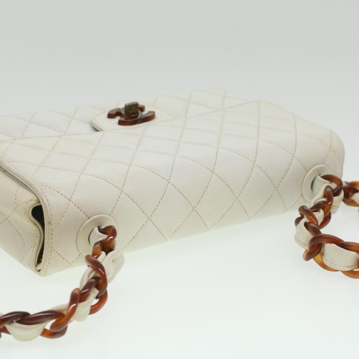 CHANEL Matelasse Turn Lock Shoulder Bag Lamb Skin Brown White CC 32160A