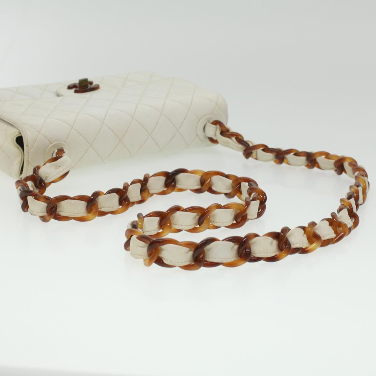 CHANEL Matelasse Turn Lock Shoulder Bag Lamb Skin Brown White CC 32160A