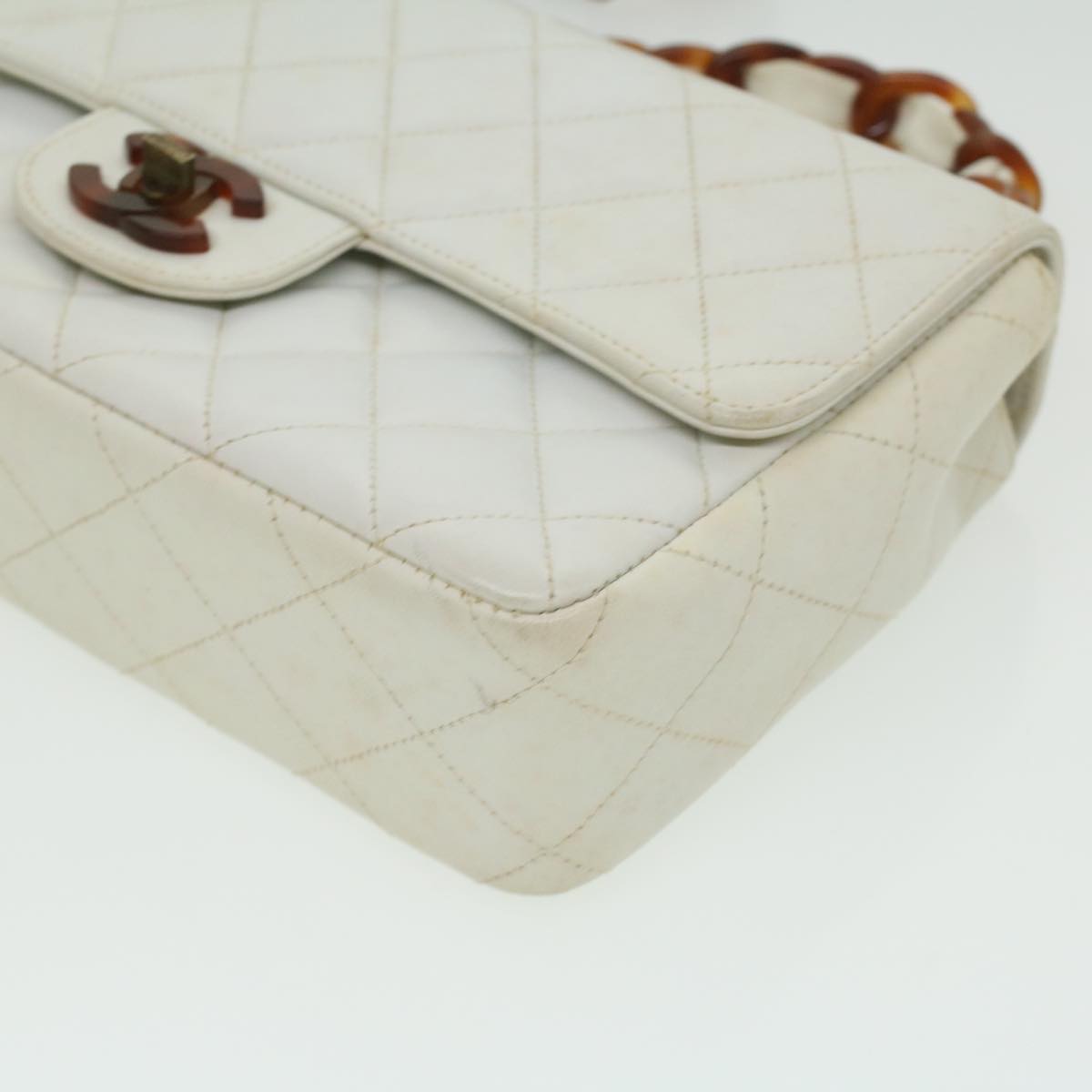 CHANEL Matelasse Turn Lock Shoulder Bag Lamb Skin Brown White CC 32160A