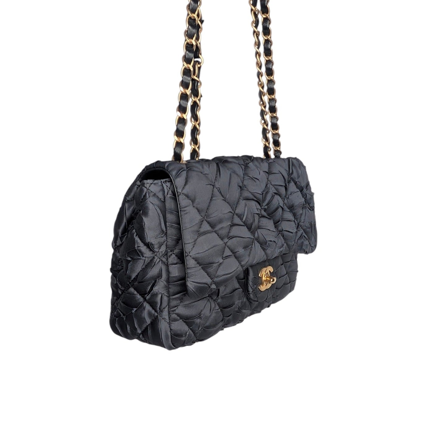 Chanel Black Satin Quilted Pleated Medium Single Flap