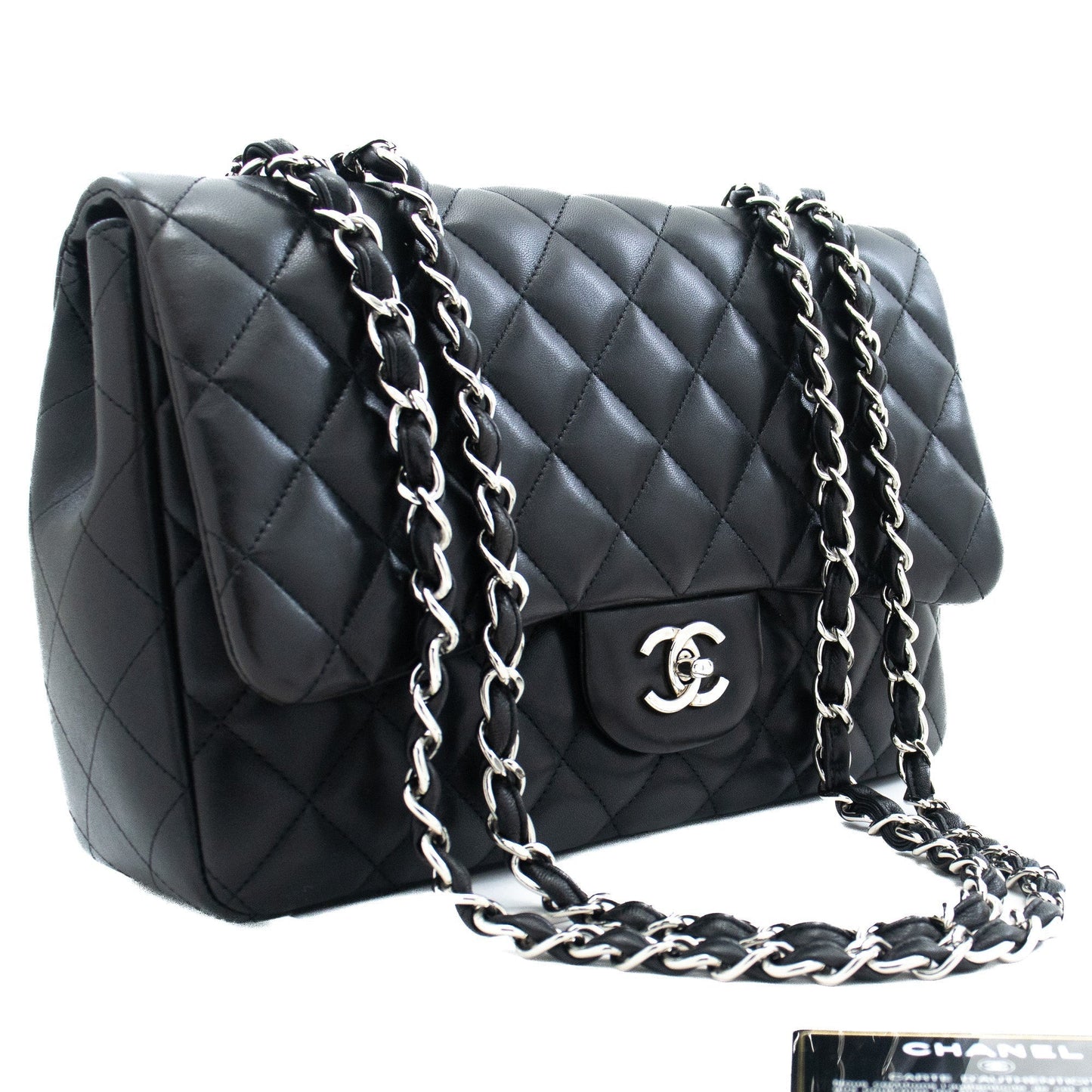 CHANEL Classic Large 11" Chain Shoulder Bag Flap Black Lambskin j42