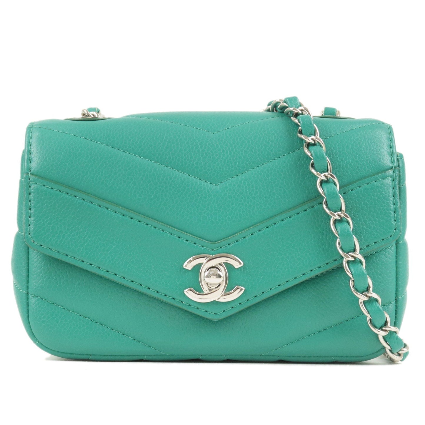 CHANEL V Stitch Caviar Skin Chain Shoulder Flap Bag Green