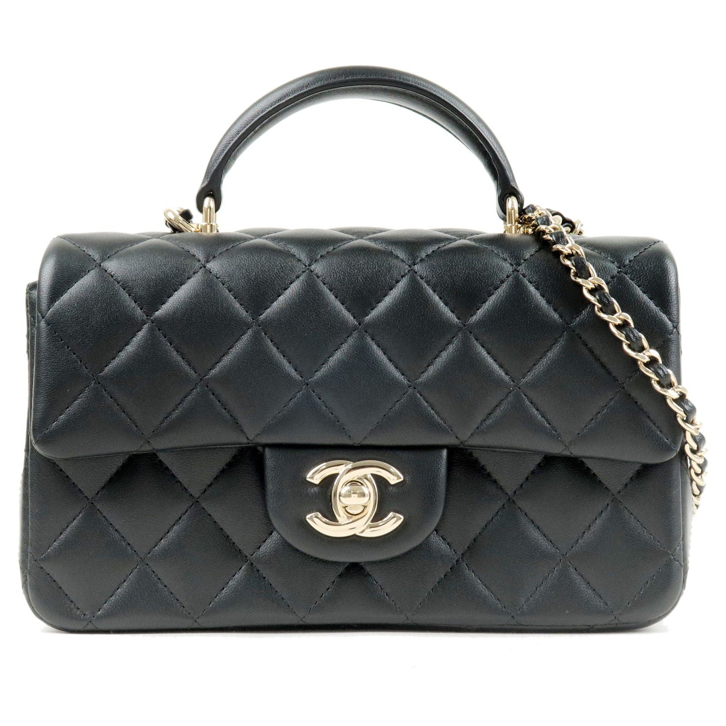 CHANEL Matelasse Lamb Skin Top Handle Mini Flap 2way Bag Black