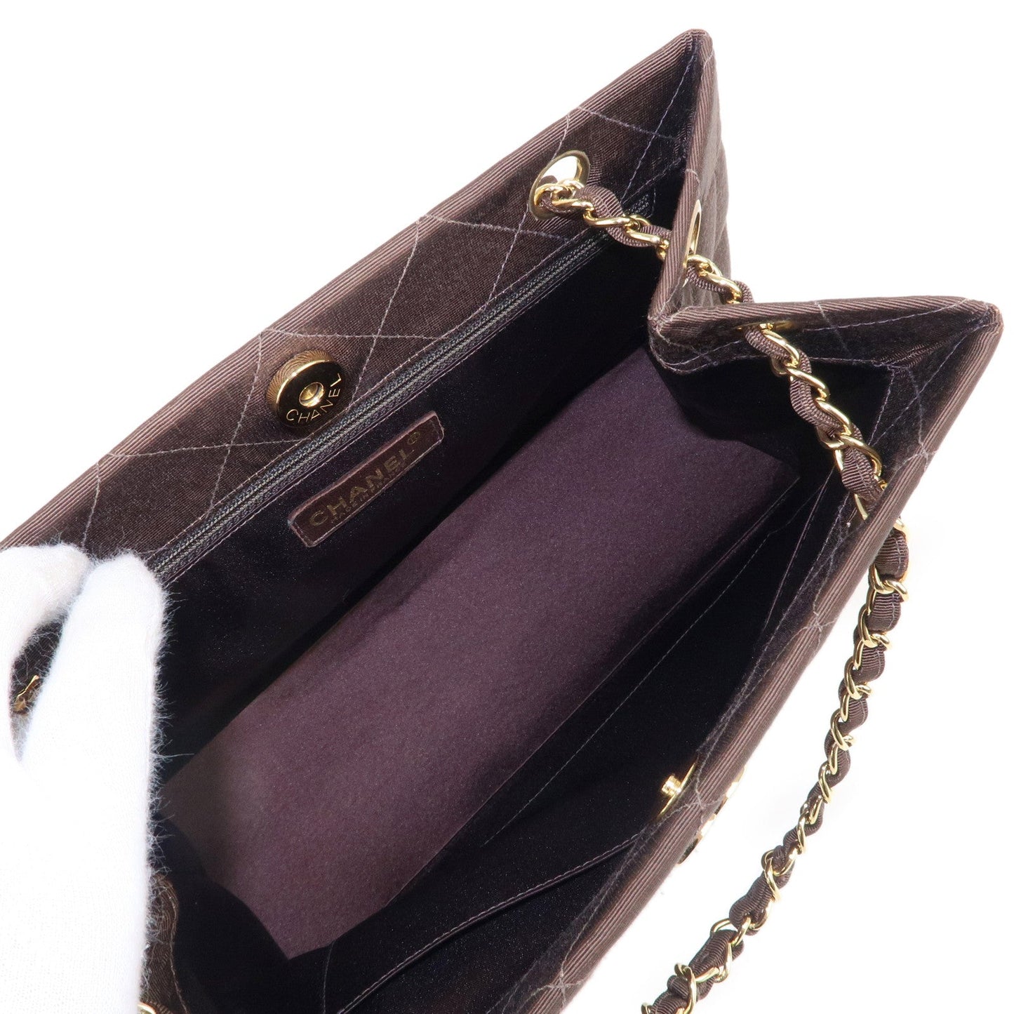CHANEL Matelasse Nylon Canvas Chain Shoulder Bag Brown