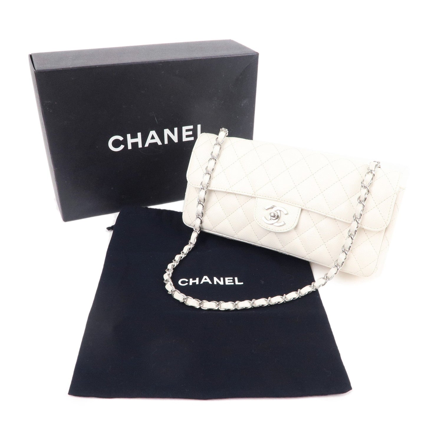 CHANEL Matelasse Caviar Skin Chain Shoulder Bag White