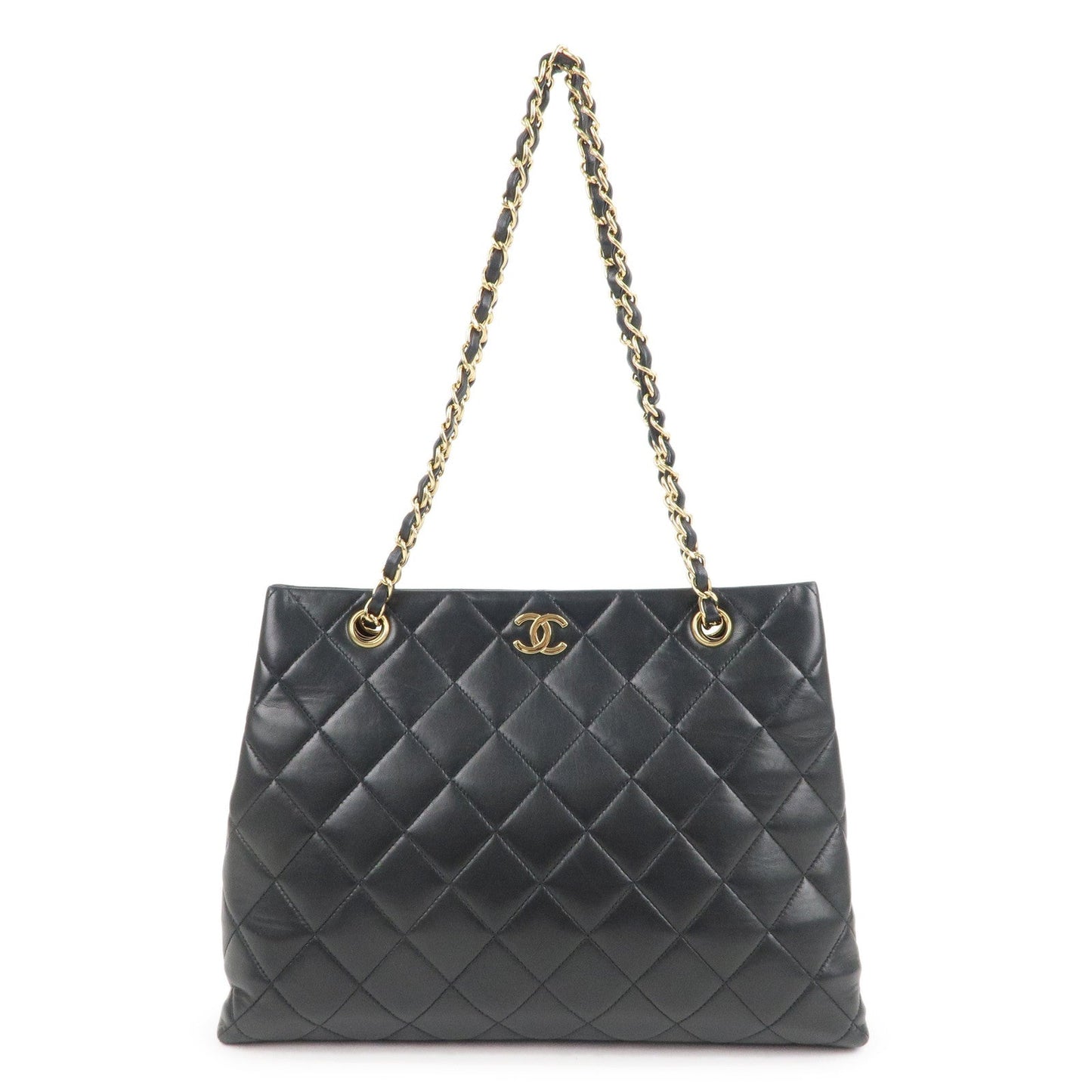 CHANEL Matelasse Lamb Skin Chain Tote Bag Black Gold HDW