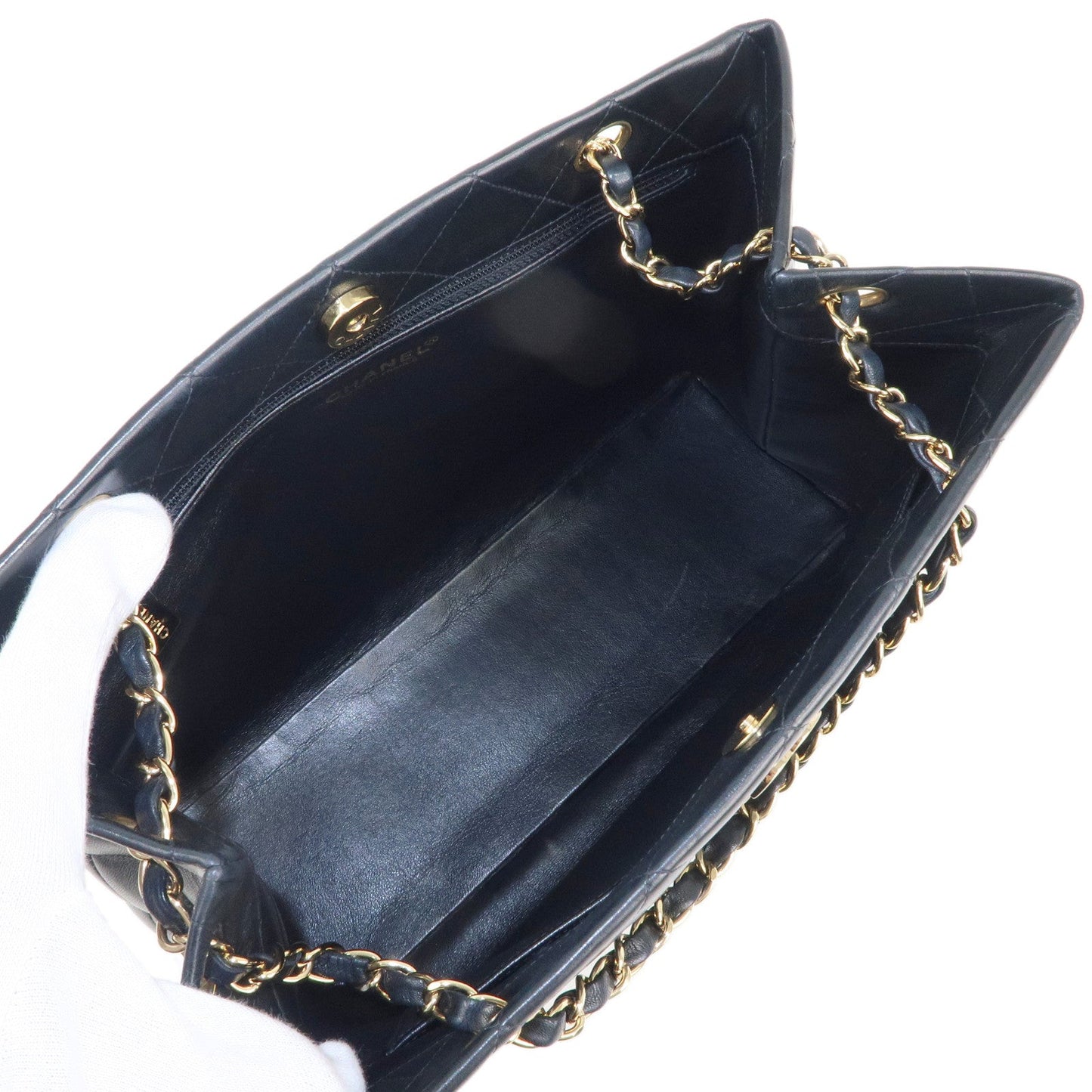 CHANEL Matelasse Lamb Skin Chain Tote Bag Black Gold HDW