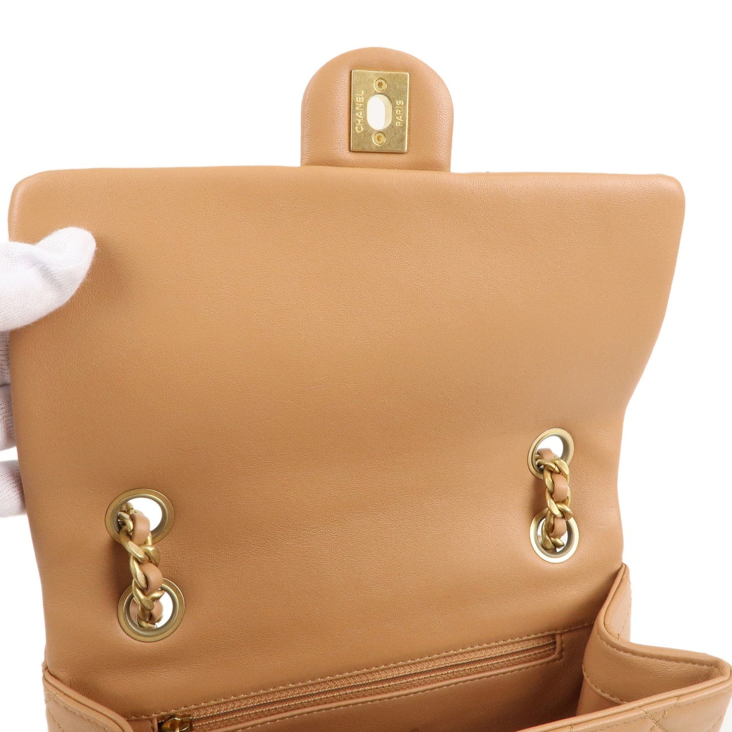 CHANEL Matelasse Lamb Skin Chain Shoulder Bag Beige Gold HDW