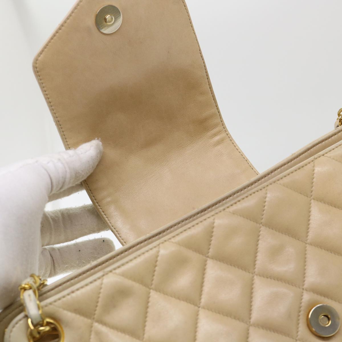 CHANEL Chain Shoulder Bag Lamb Skin Beige CC 38451