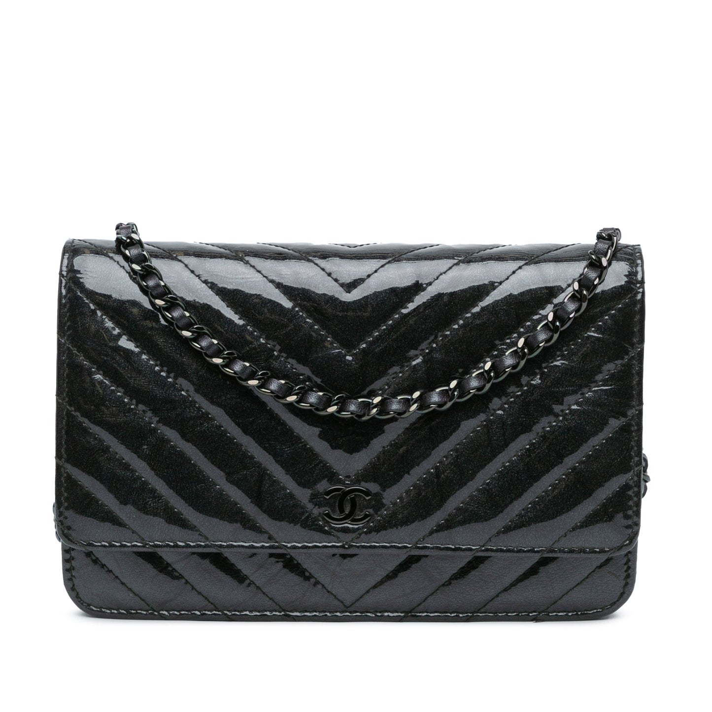 Black Chanel CC Chevron Quilted Crumpled Calfskin Wallet On Chain Crossbody Bag