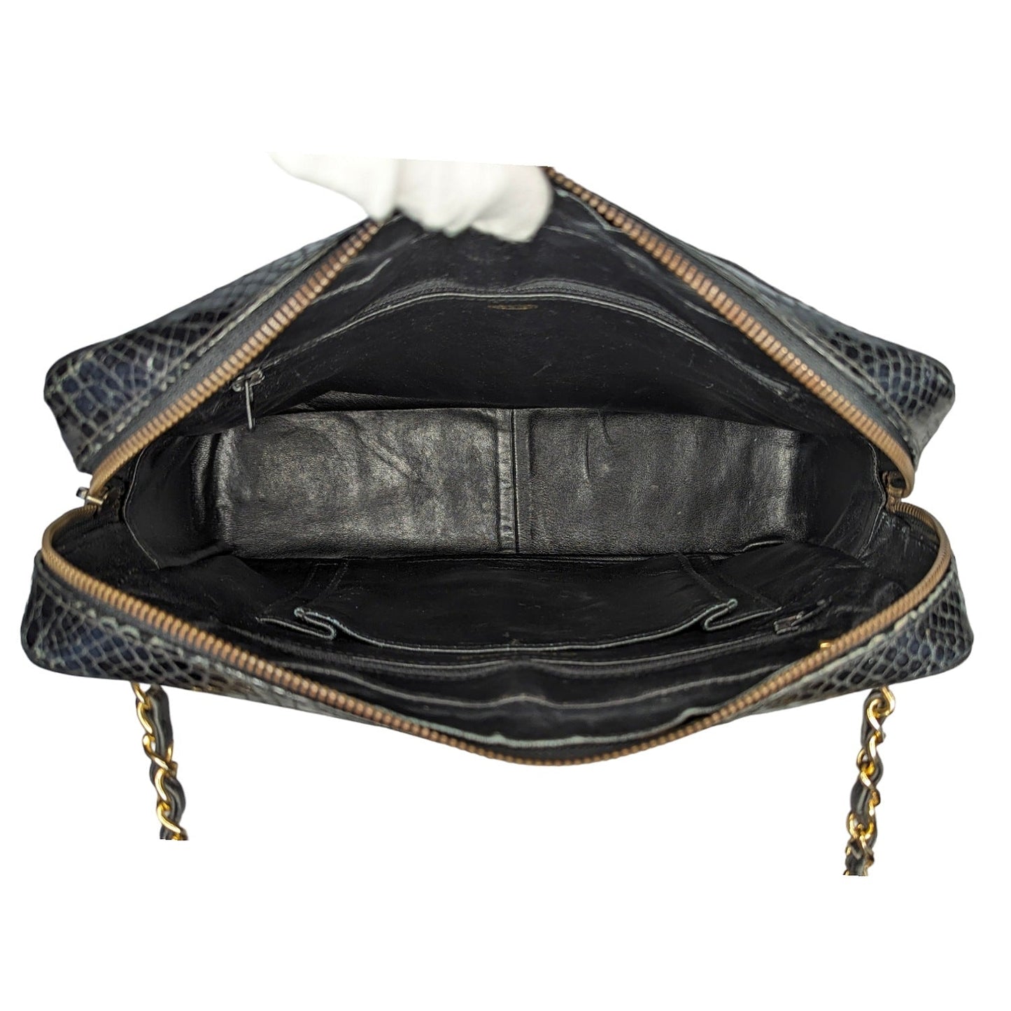 Chanel 80s Black Shiny Alligator Camera Shoulder Bag