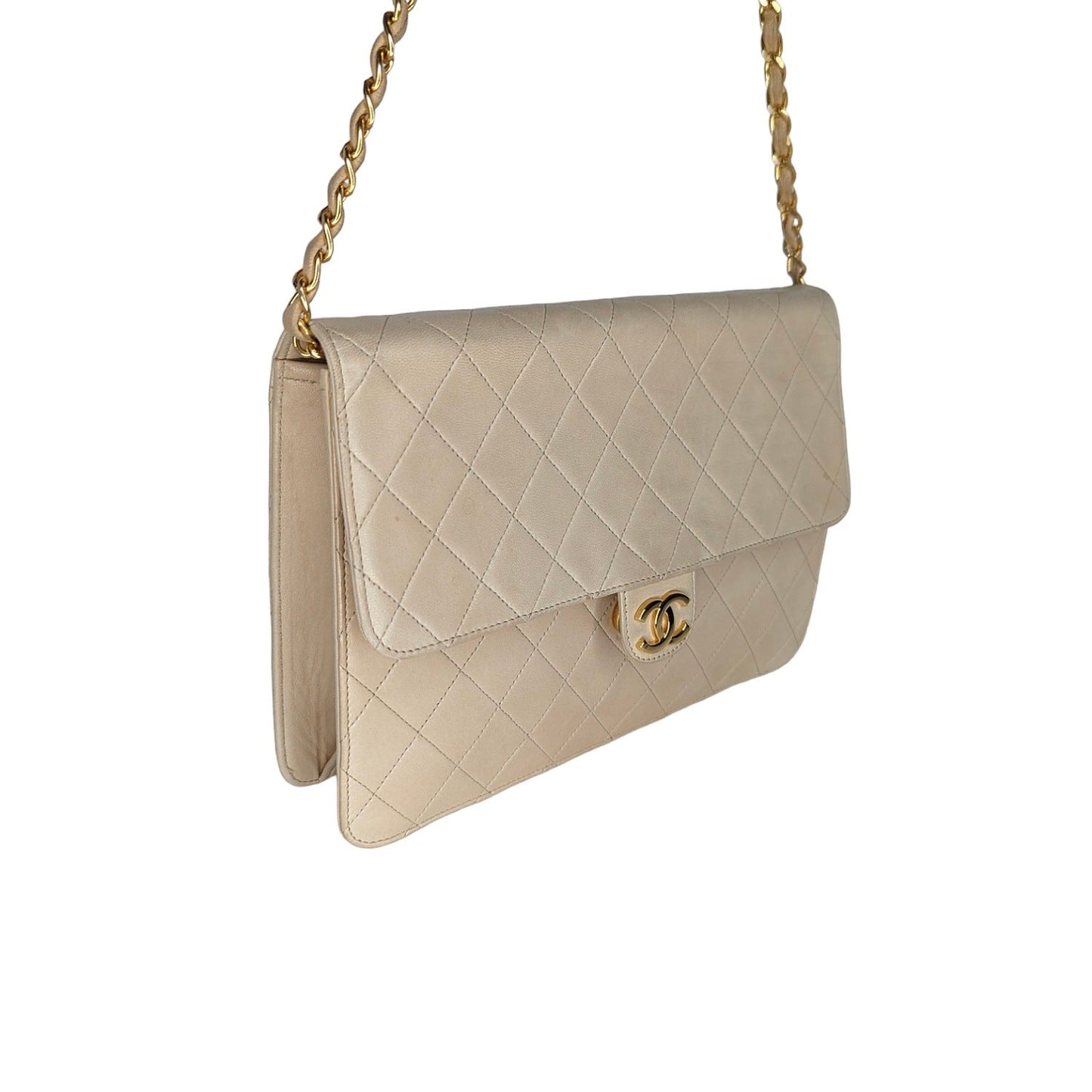 Chanel Vintage Beige Quilted Lambskin Medium Flap Bag